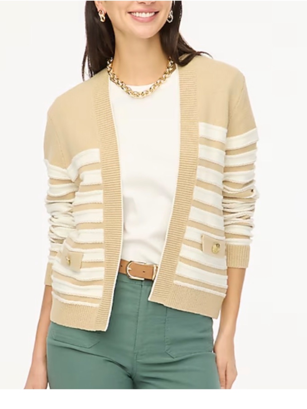 J. Crew Tan & White Striped Open-Front Cardigan